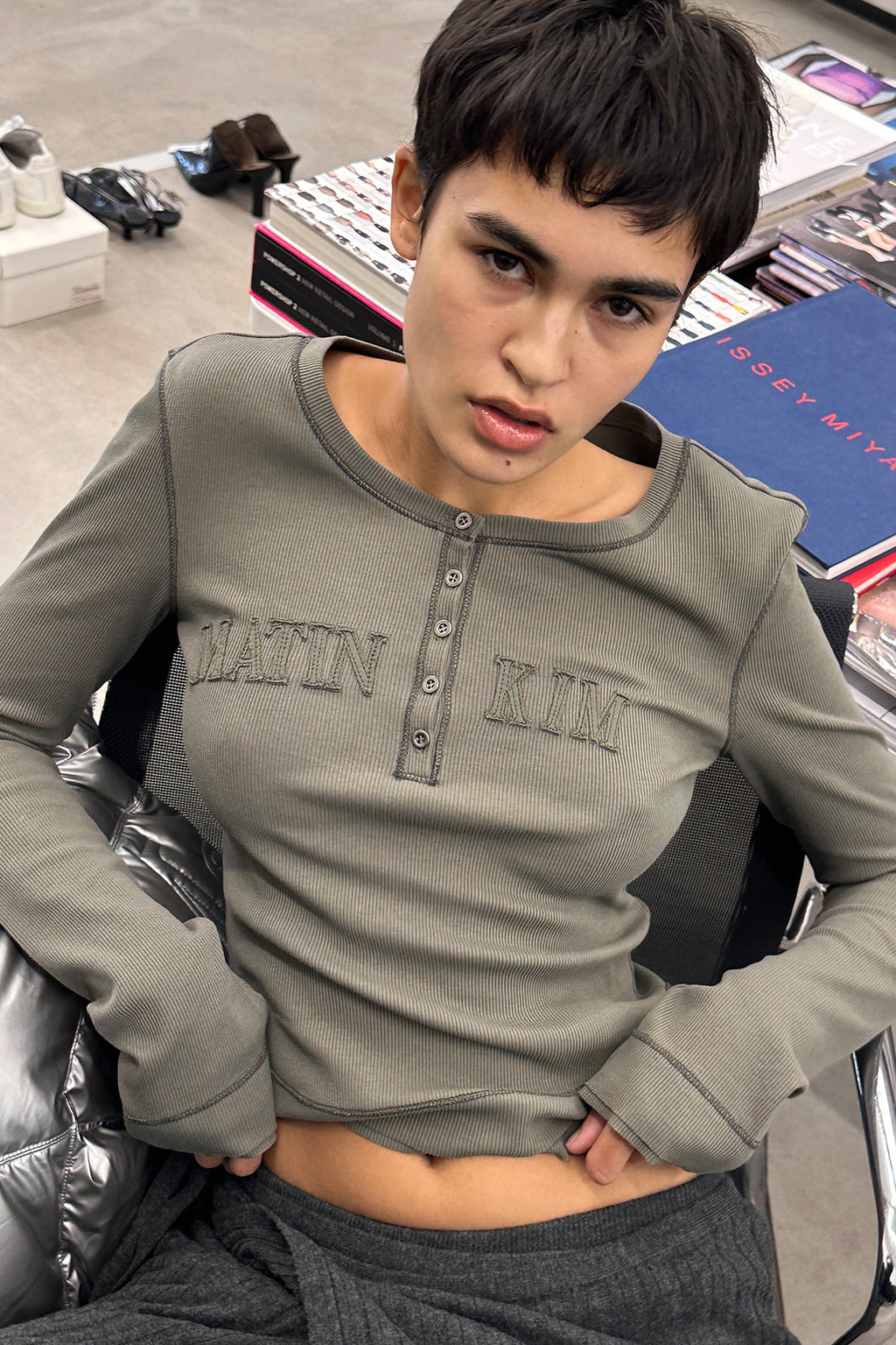 Matin Kim - Applique Logo Henly Neck Slim Top (Khaki) product image 6 | TRAB K-Fashion Australia