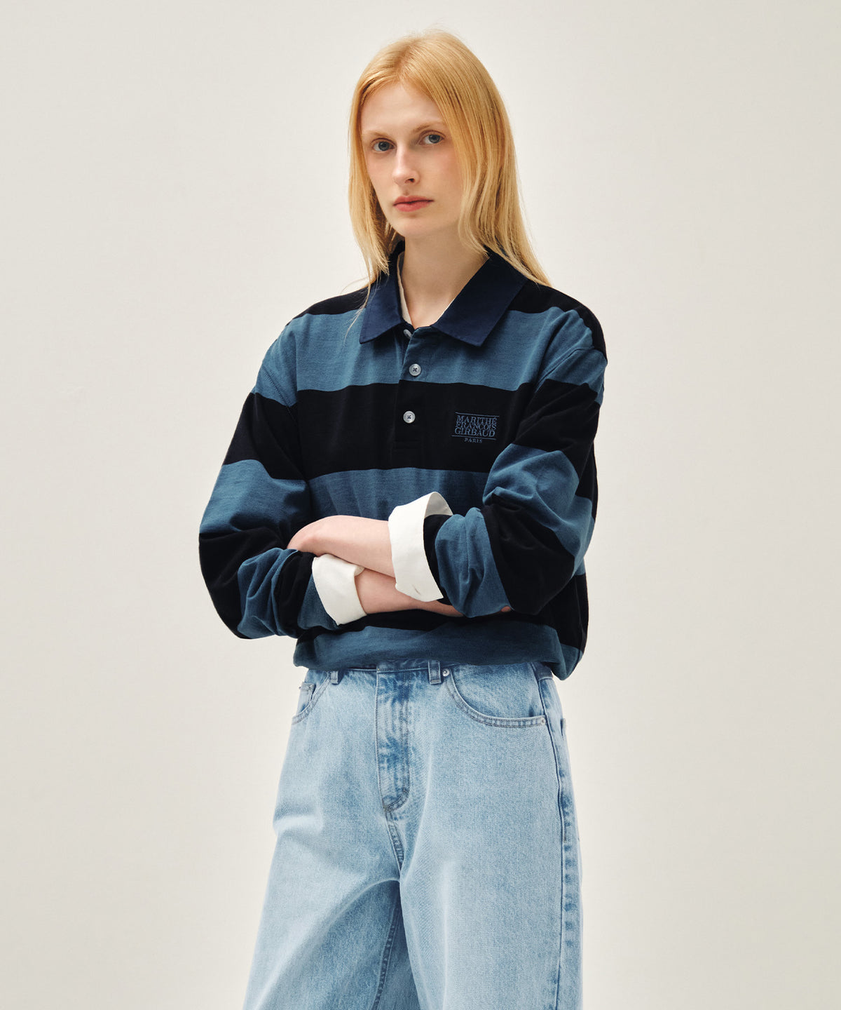 Marithe & Francois Girbaud - Washed Denim Collar Long Sleeve Tee (Blue) product image 2 | TRAB K-Fashion Australia