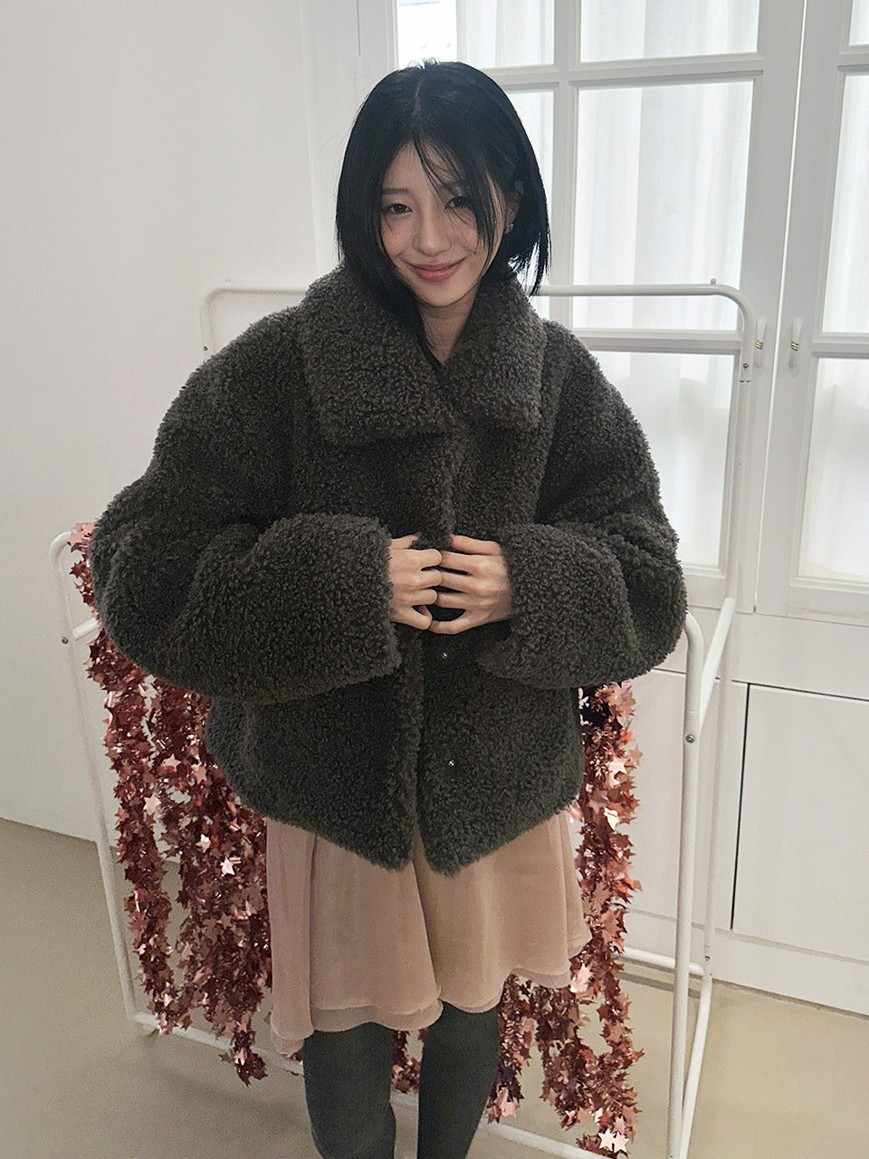 Margarin Fingers - Boucle Hidden Snap Fur Jacket (Charcoal) product image 1 | TRAB K-Fashion Australia