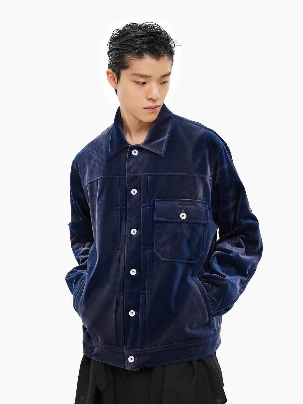 Jiyong Kim - Sun-Bleached Velvet Trucker Jacket (Blue) product image 3 | TRAB K-Fashion Australia