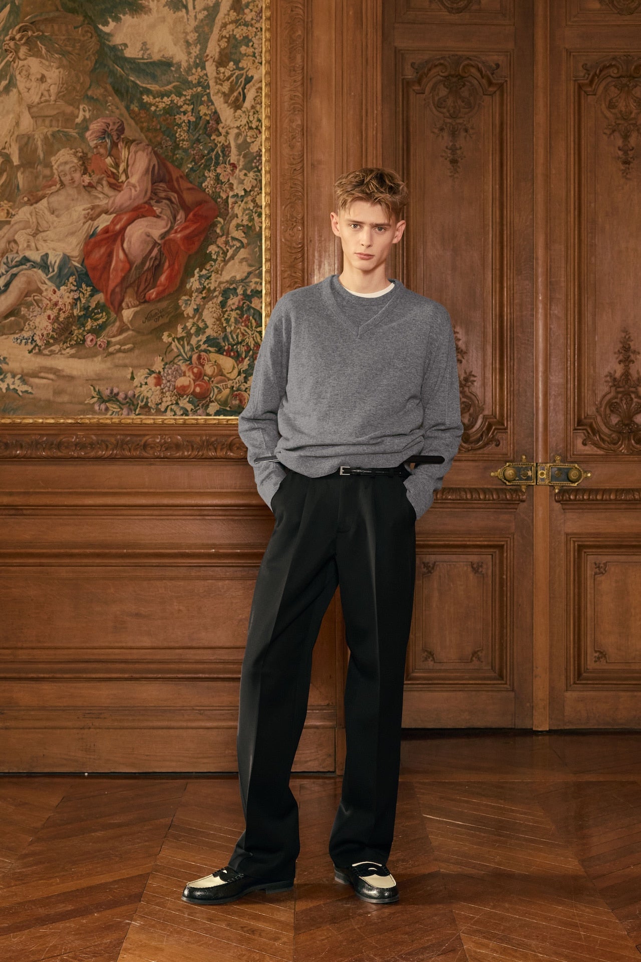 STU - Pin Tuck V-neck Knit (Grey) product image 1 | TRAB K-Fashion Australia