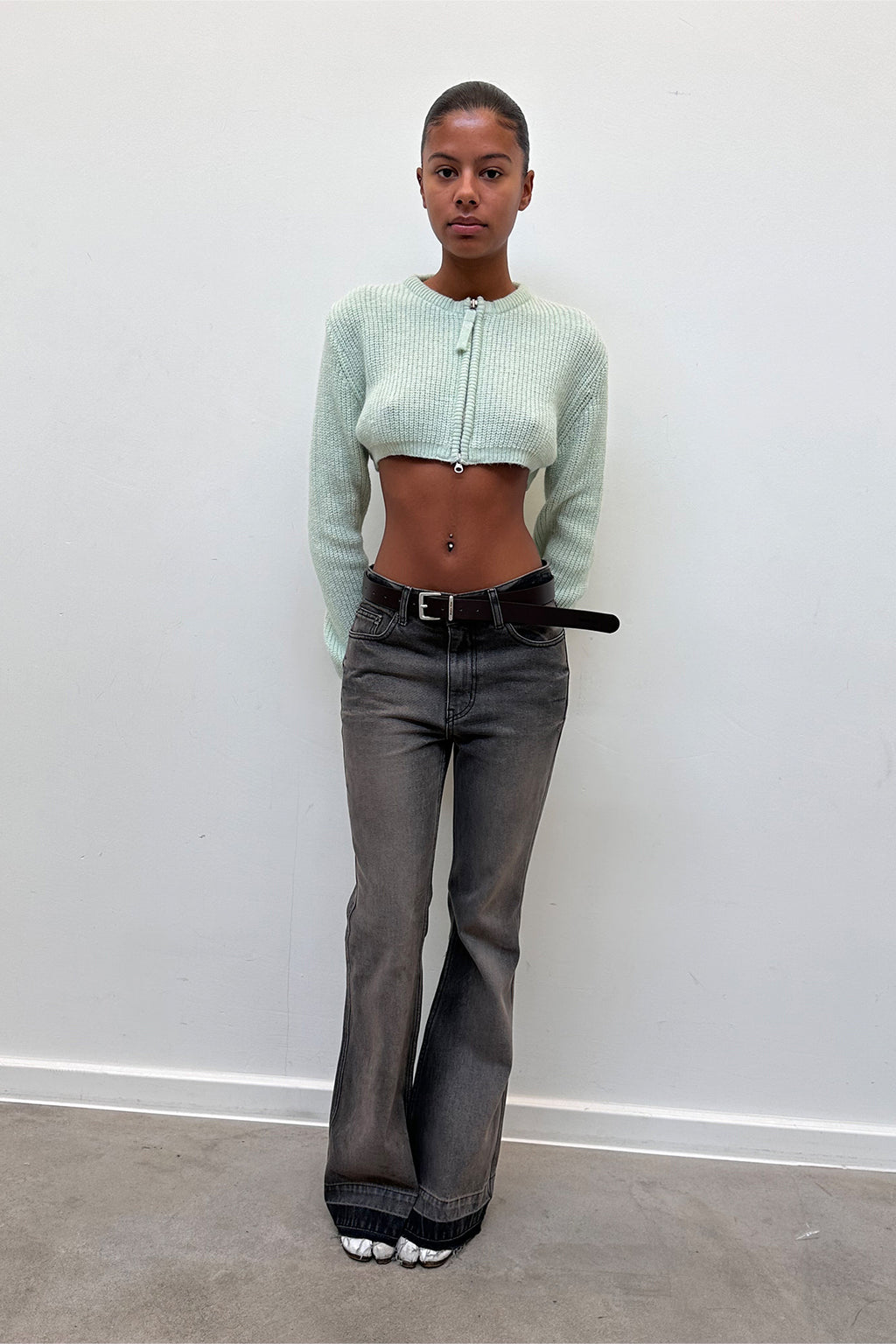 Matin Kim - Back Pocket Point Washed Boots Cut Denim Pants (Grey) product image 5 | TRAB K-Fashion Australia