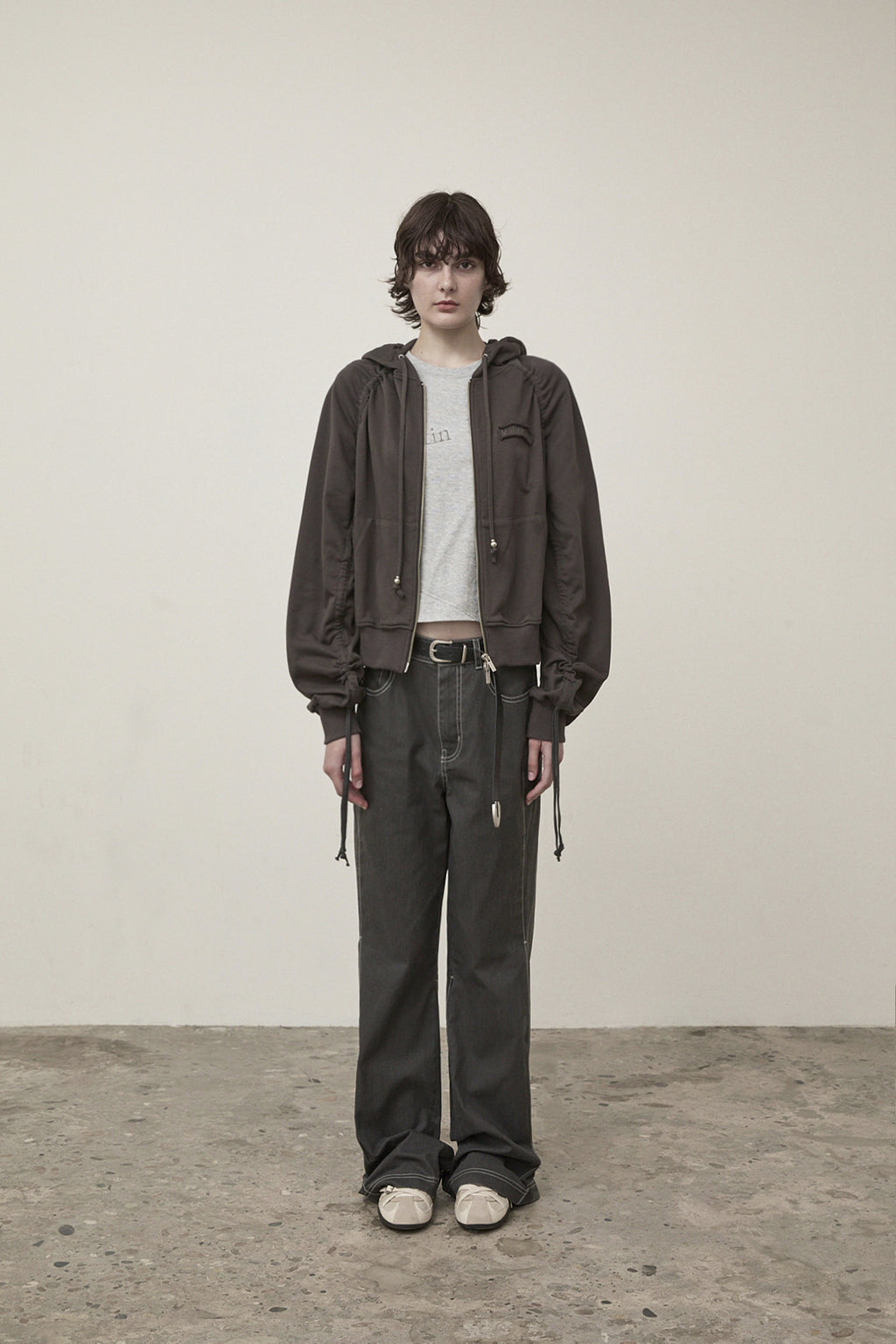 Matin Kim - Sleeve String Detail Hoody Zip Up (Charcoal) product image 14 | TRAB K-Fashion Australia