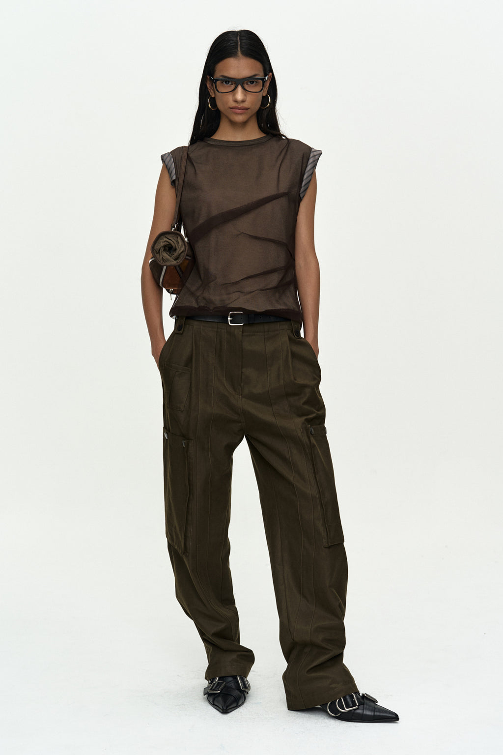 Andersson Bell - Layered Mesh Tuck & Dart Top (Brown) product image 2 | TRAB K-Fashion Australia