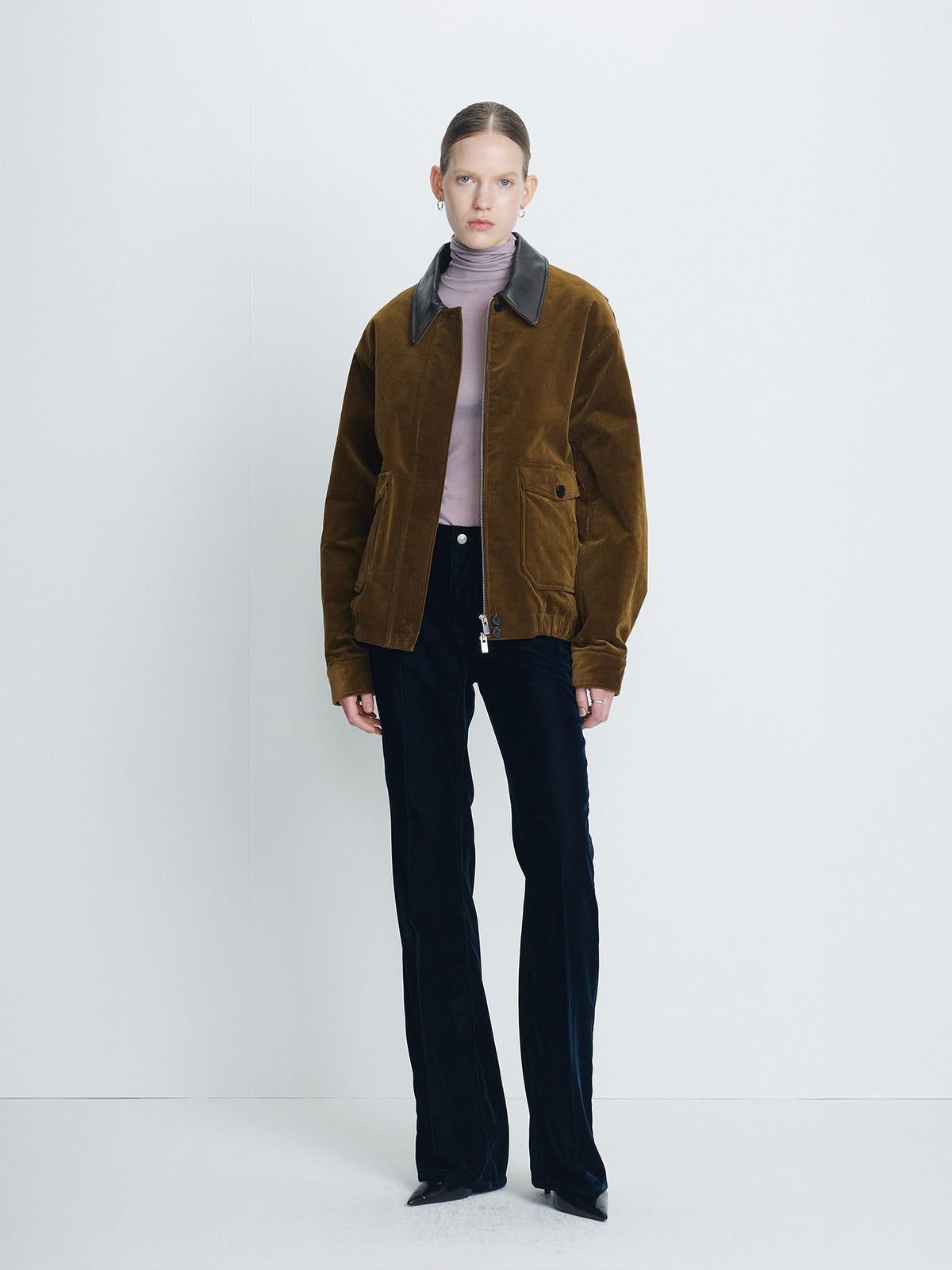 Tonywack - Leather Collar Corduroy Bomber Jacket (Olive Brown) product image 1 | TRAB K-Fashion Australia