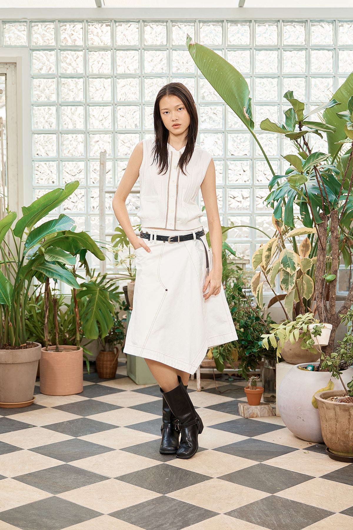 Matin Kim - Denim Mixed Flare Skirt (Ivory) product image 11 | TRAB K-Fashion Australia