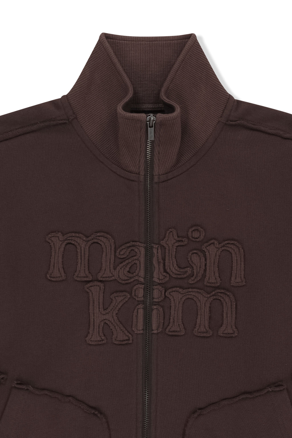Matin Kim - [Pre-Order – Ships August 24] Mixed Waffle Applique Logo Zip Up (Brown) product image 3 | TRAB K-Fashion Australia