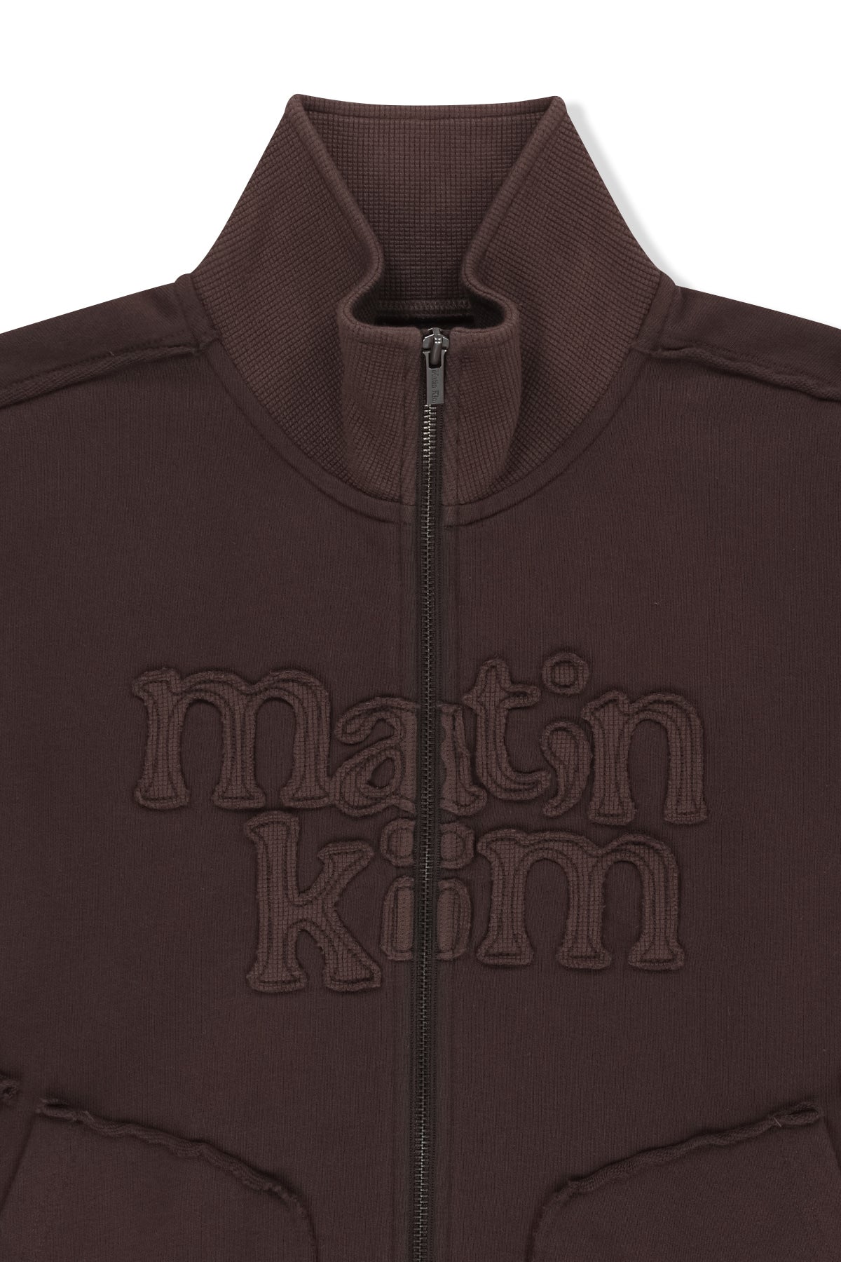 Matin Kim - [Pre-Order – Ships August 24] Mixed Waffle Applique Logo Zip Up (Brown) product image 3 | TRAB K-Fashion Australia