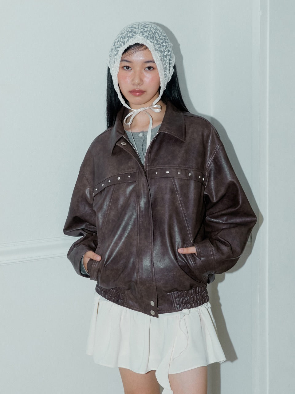 Margarin Fingers - Rivet Eco Leather Jacket (Brown) product image 1 | TRAB K-Fashion Australia