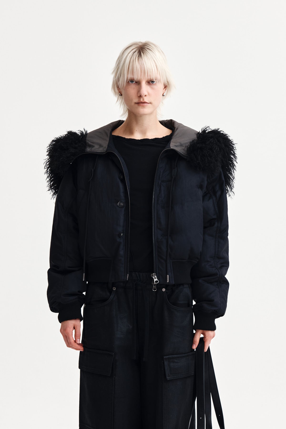 Matin Kim - Fur Hoody Bomber Down Jumper (Black) product image 1 | TRAB K-Fashion Australia