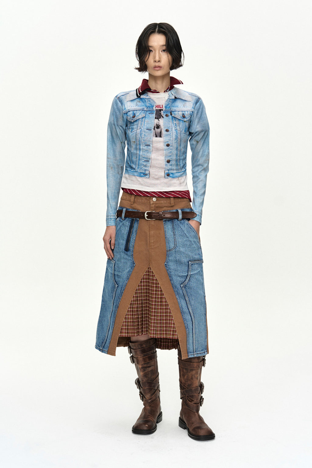 Andersson Bell - Unisex Denim Jacketed Trompe-L’oeil L/s T-Shirt (Blue/White) product image 2 | TRAB K-Fashion Australia