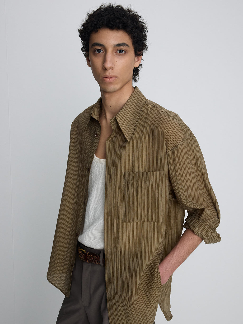 Tonywack - Lyocell Oversized Stripe Shirt (Olive Stripe) product image 1 | TRAB K-Fashion Australia