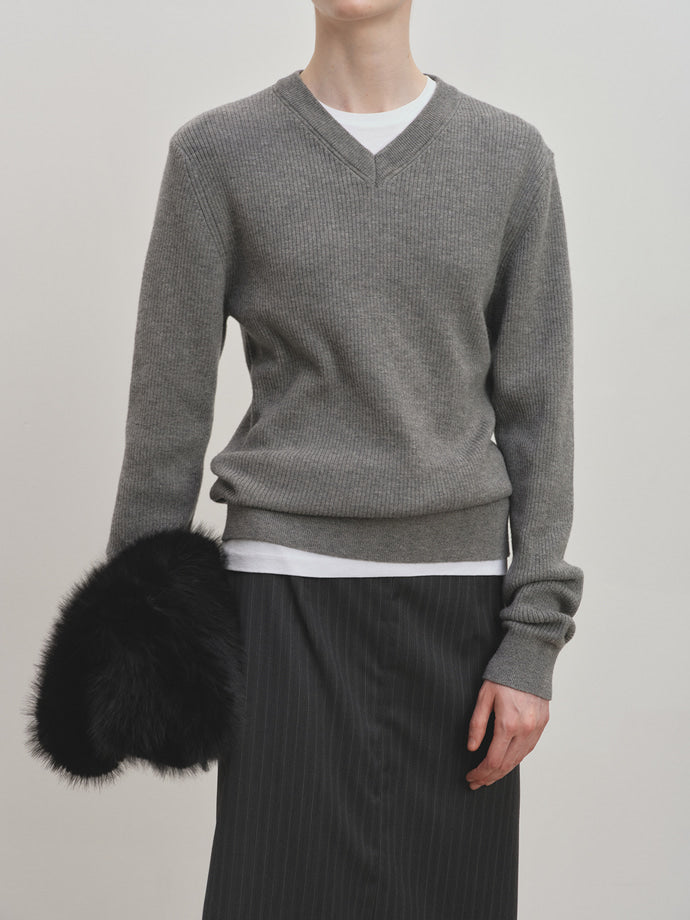 Tonywack - Super Fine Wool Ribbed V-Neck Sweater (Melange Grey) product image 6 | TRAB K-Fashion Australia
