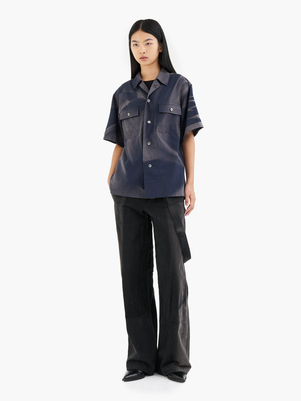 Jiyong Kim - Sun-Bleached Tailored Collar Half Sleeve Shirt (Blue) product image 3 | TRAB K-Fashion Australia