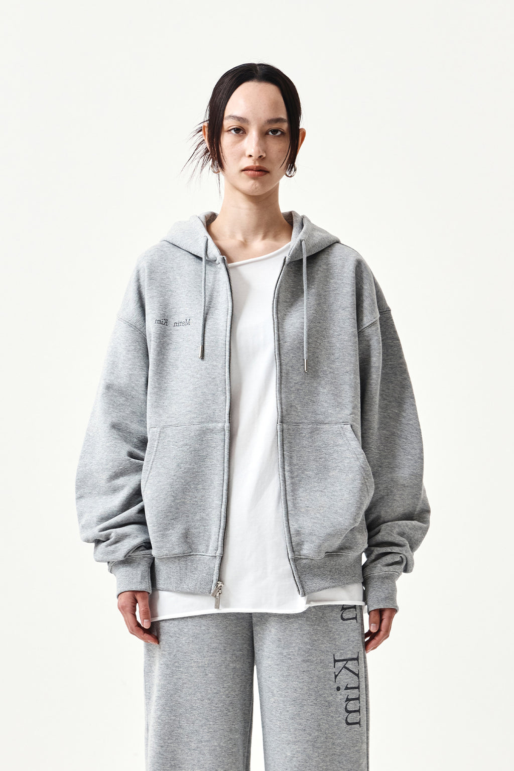Matin Kim - Back Logo Essential Hoody Zip Up (Grey) product image 16 | TRAB K-Fashion Australia