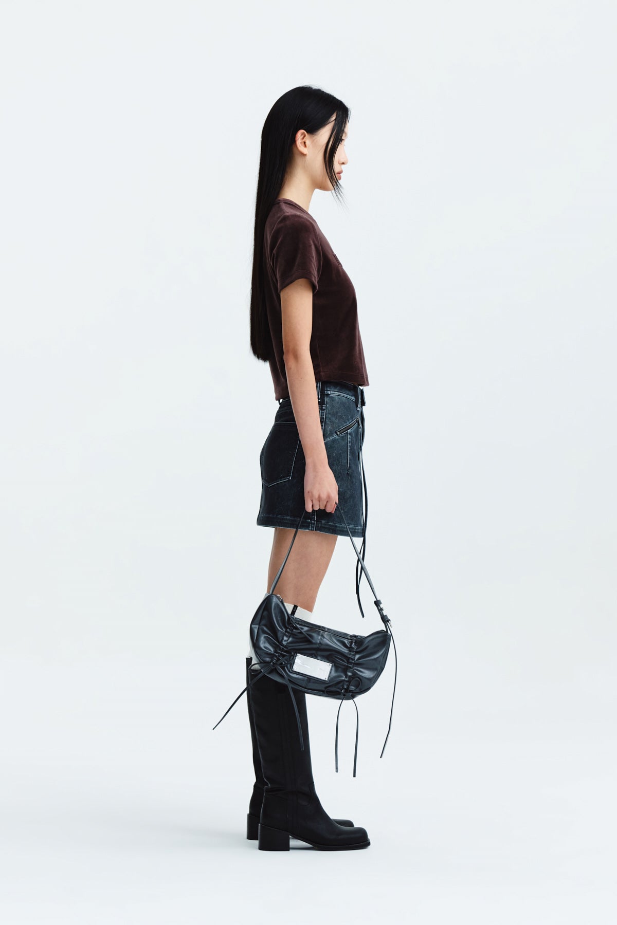 Matin Kim - Logo Emboss Velvet Crop Top (Brown) product image 7 | TRAB K-Fashion Australia