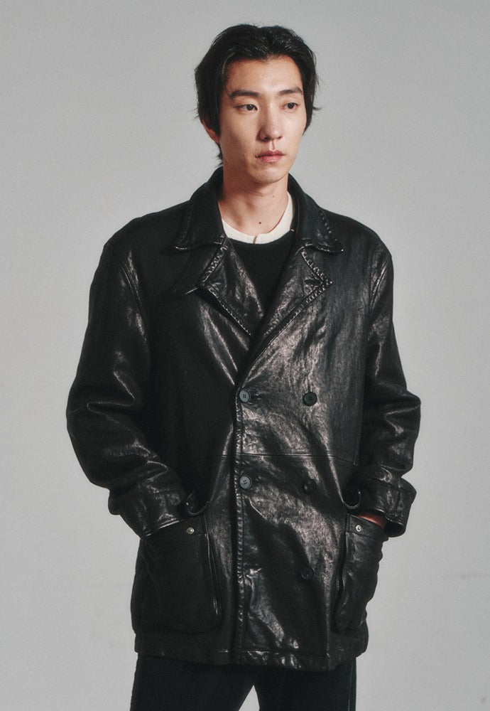 Art if acts - Washed Leather Pea Coat (Black) product image 1 | TRAB K-Fashion Australia