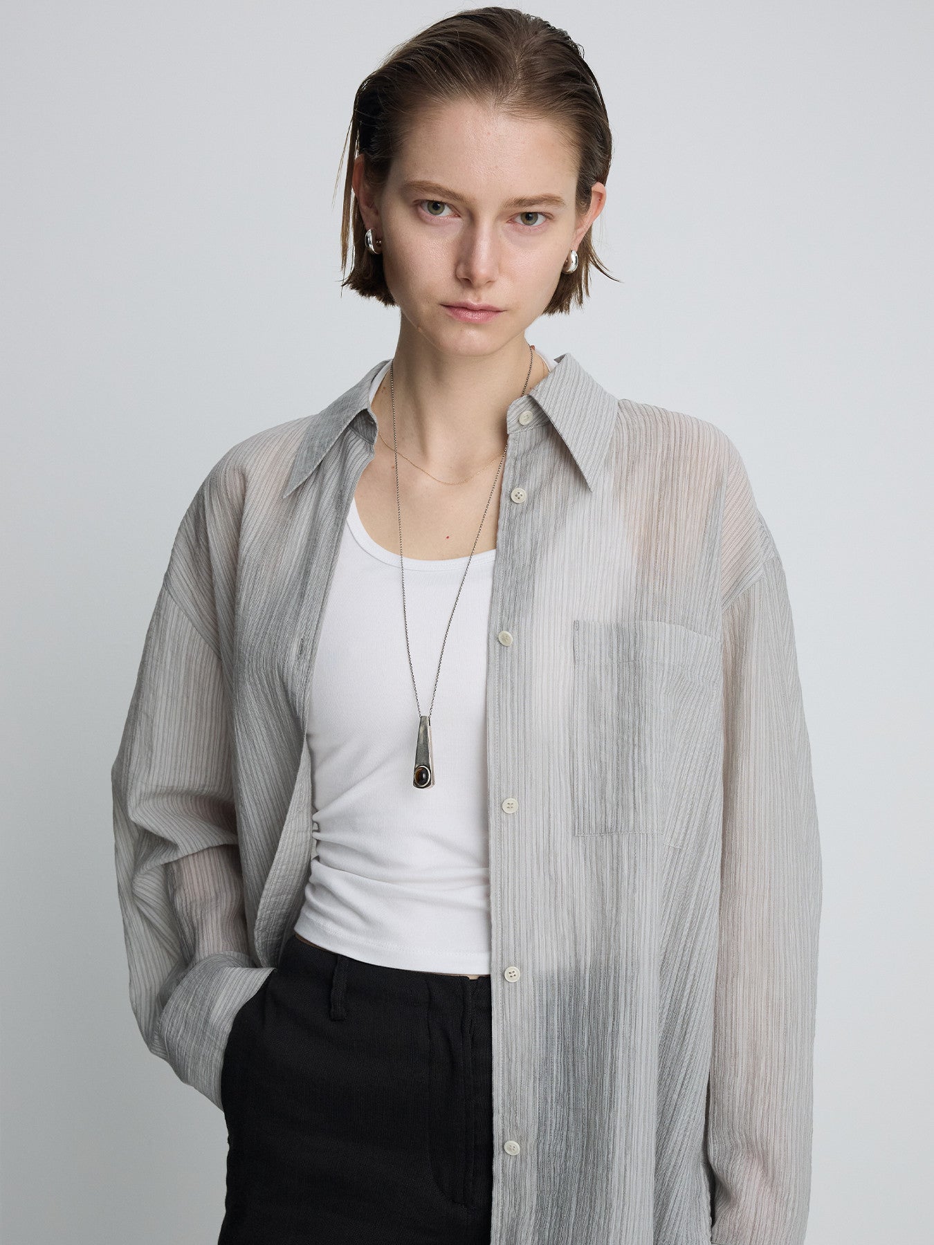 Tonywack - Lyocell Oversized Stripe Shirt (Grey) product image 3 | TRAB K-Fashion Australia