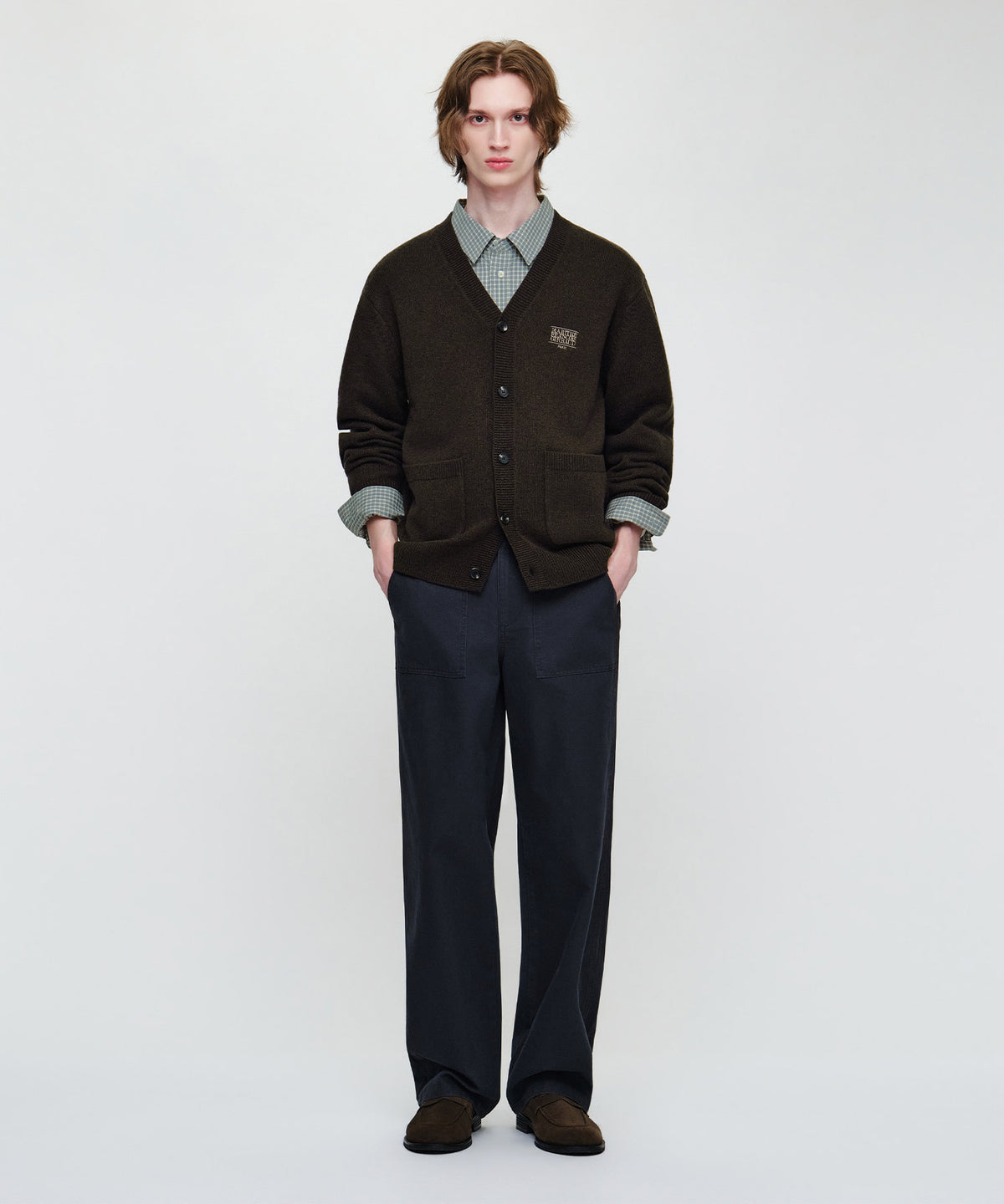 Marithe & Francois Girbaud - Premium Small Classic Logo Cashmere V-neck Cardigan (Brown) product image 5 | TRAB K-Fashion Australia