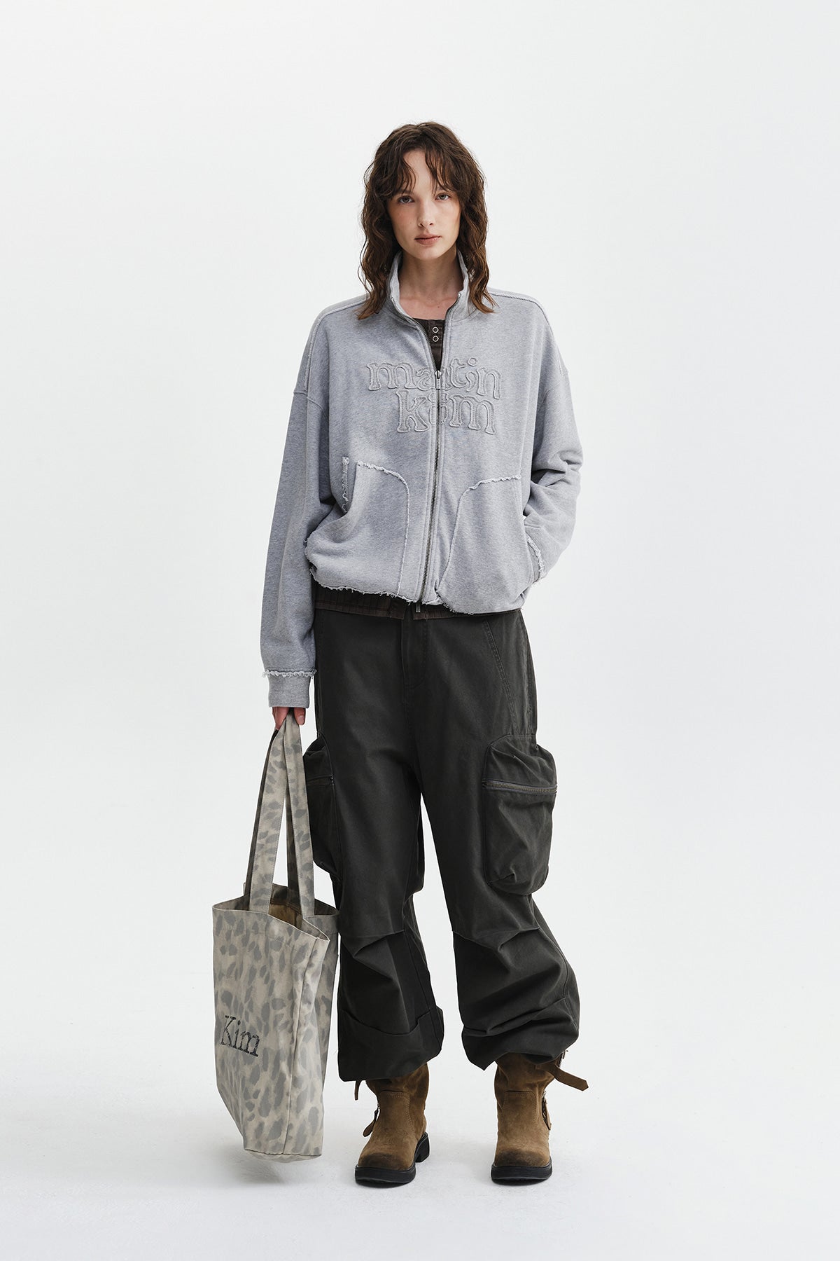 Matin Kim - [Pre-Order – Ships August 24] Mixed Waffle Applique Logo Zip Up (Grey) product image 10 | TRAB K-Fashion Australia