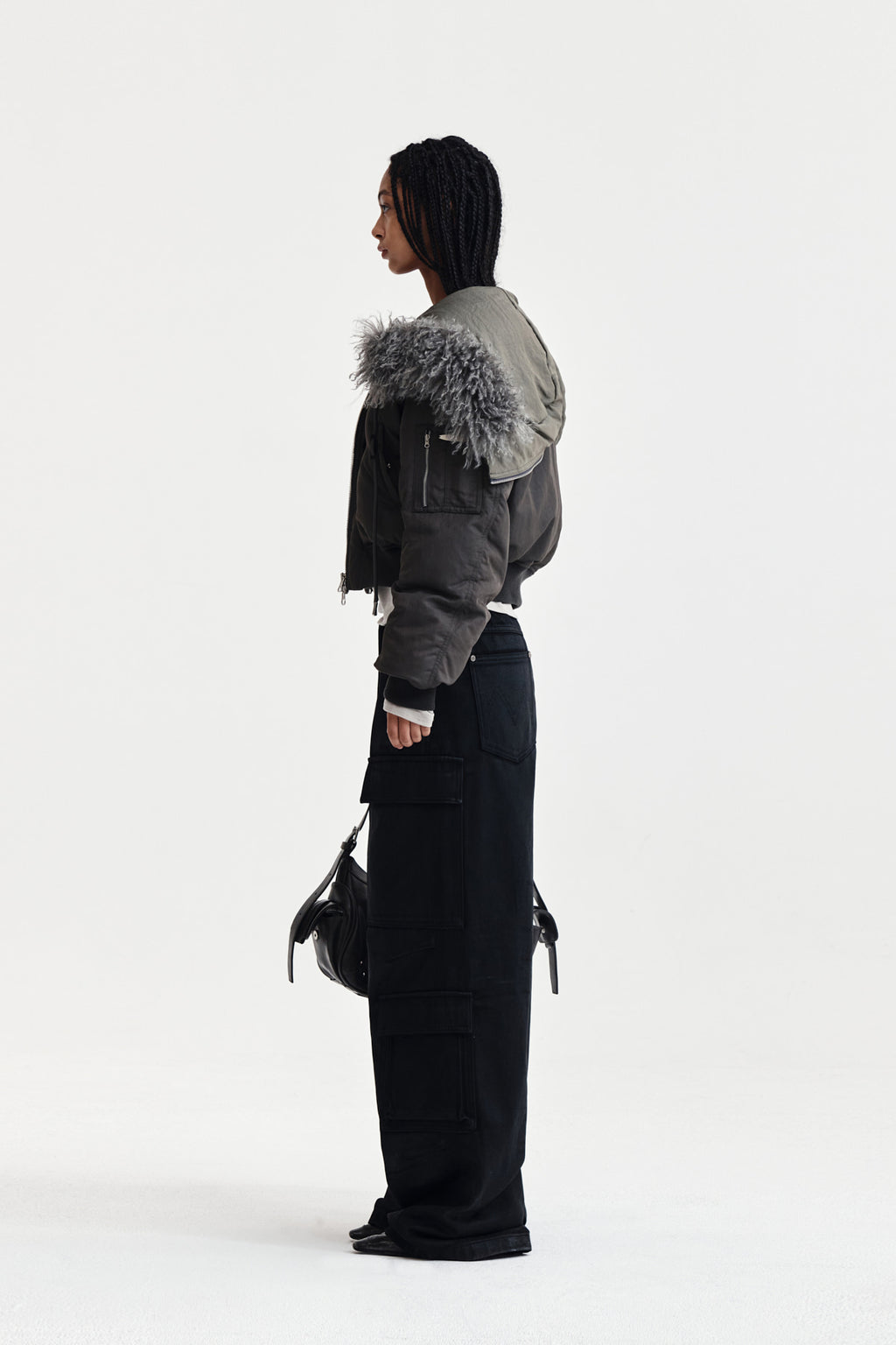 Matin Kim - Fur Hoody Bomber Down Jumper (Dark Grey) product image 5 | TRAB K-Fashion Australia