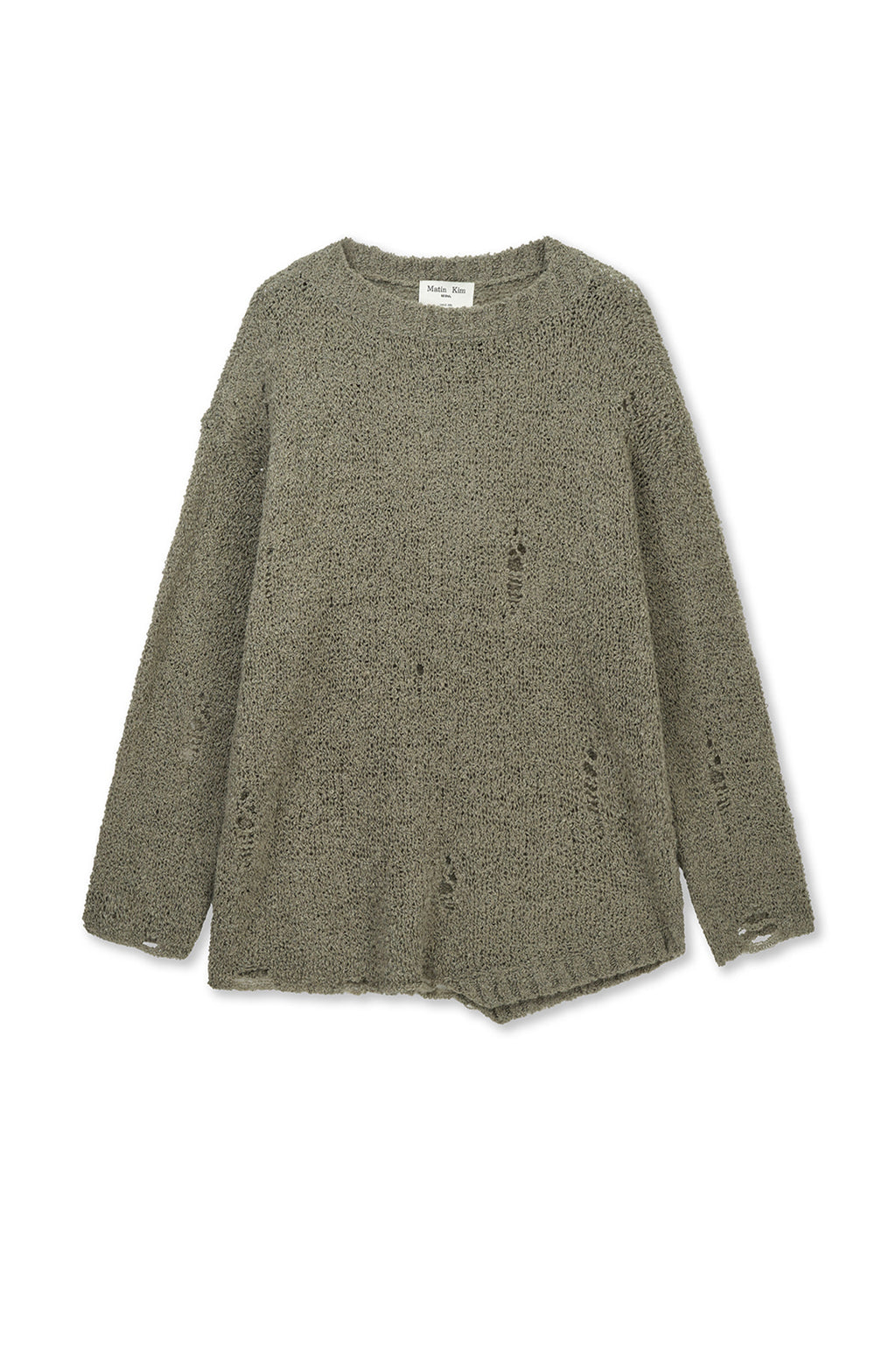 Matin Kim - Asymmetric Damaged Knit Pullover (Khaki) product image 1 | TRAB K-Fashion Australia
