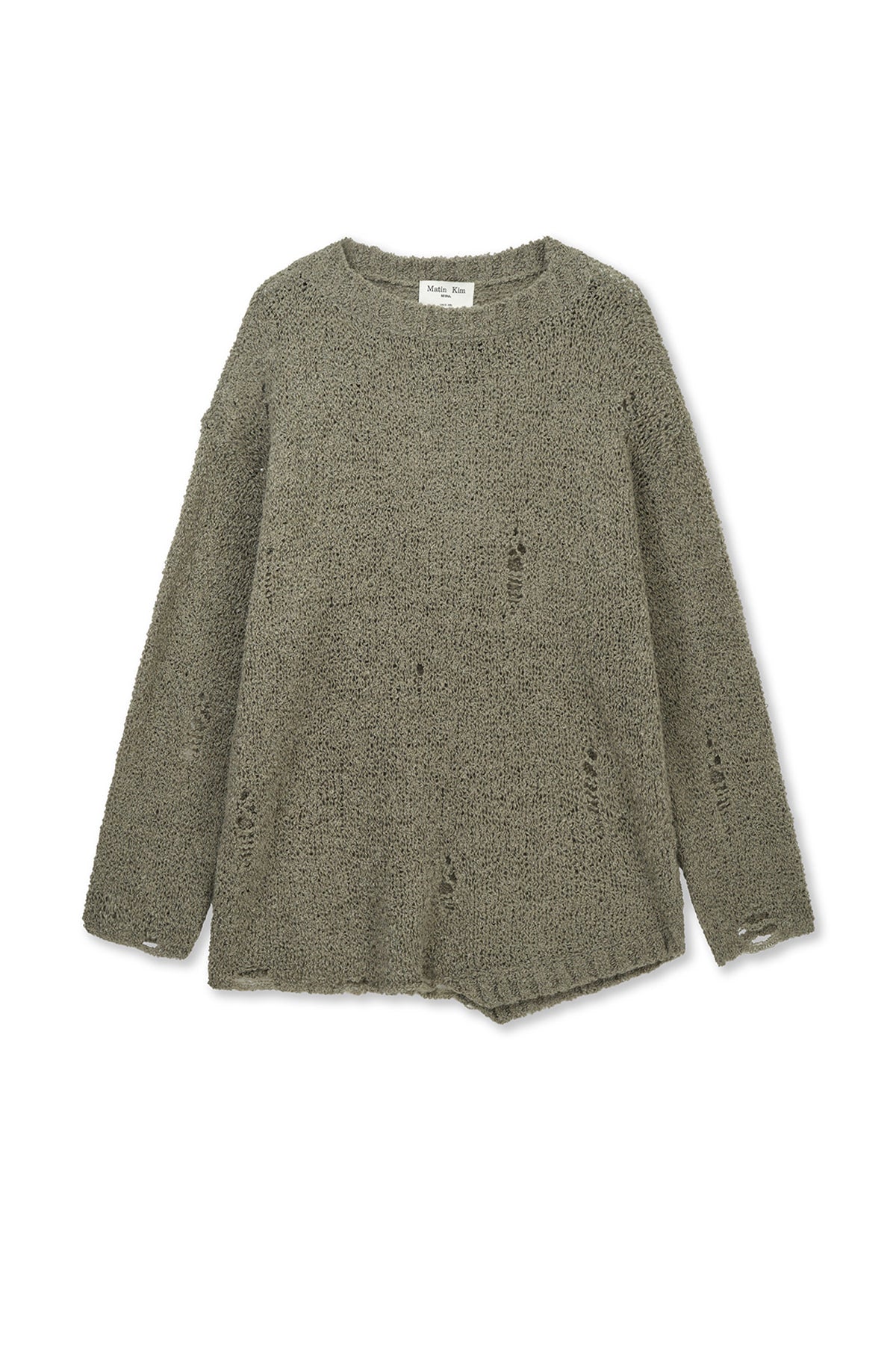Matin Kim - Asymmetric Damaged Knit Pullover (Khaki) product image 1 | TRAB K-Fashion Australia