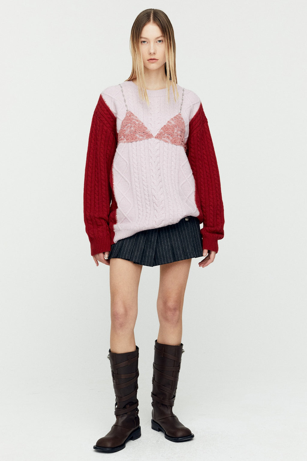 Andersson Bell - Lace Lingerie Boyfriend-Fit Knit (Pink) product image 1 | TRAB K-Fashion Australia