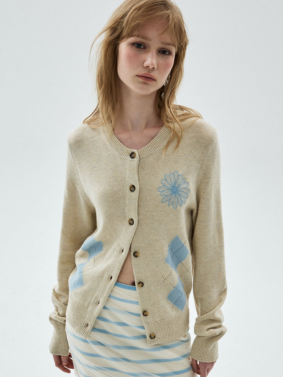 Mardi Mercredi - Cashmere Blend Cardigan Round Neck Argyle Punching Detail (Oatmeal Sky) product image 1 | TRAB K-Fashion Australia