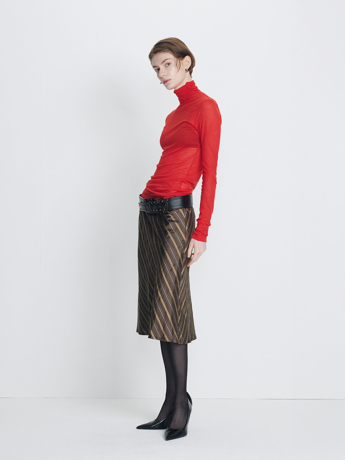 Tonywack - Silk Stripes Midi-Skirt (Brown Stripe) product image 3 | TRAB K-Fashion Australia