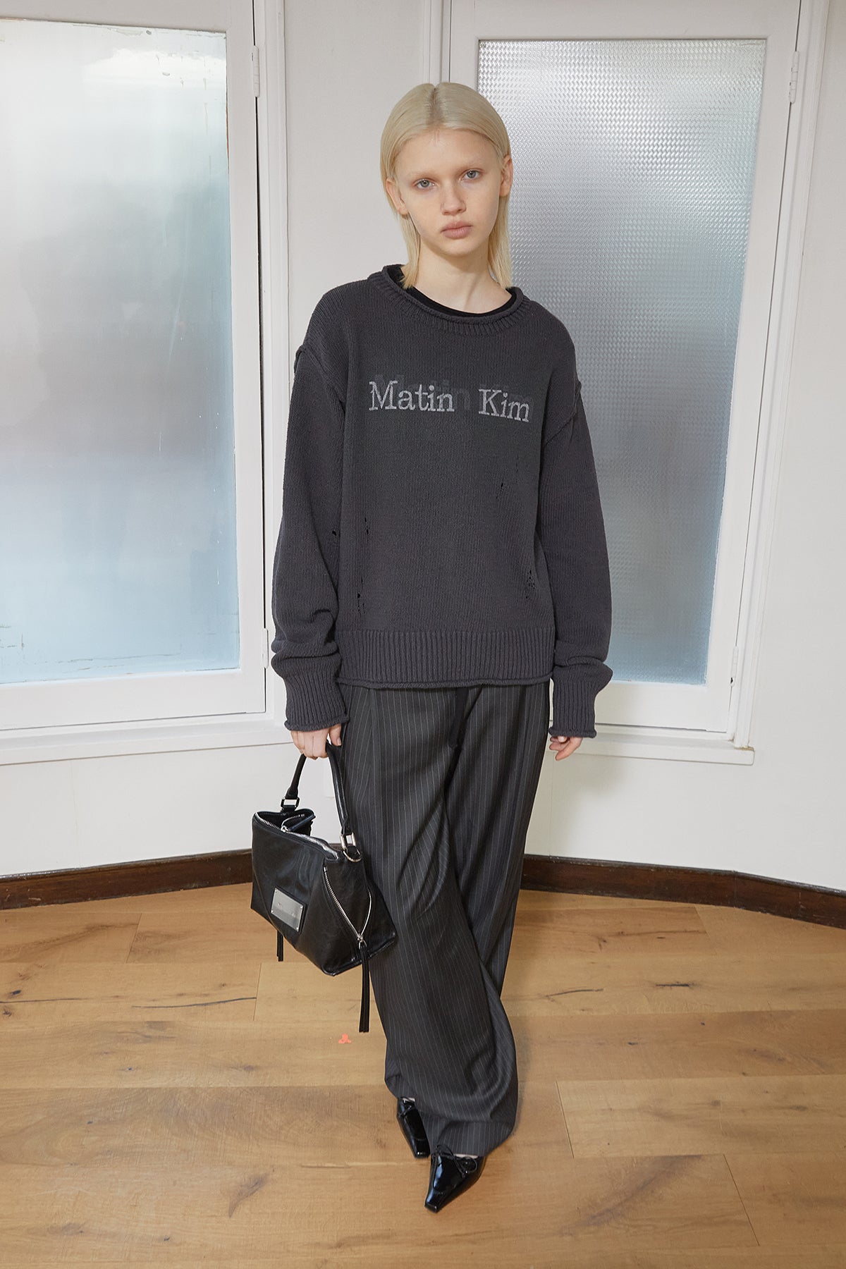 Matin Kim - Crack Logo Vintage Knit Pullover (Charcoal) product image 11 | TRAB K-Fashion Australia