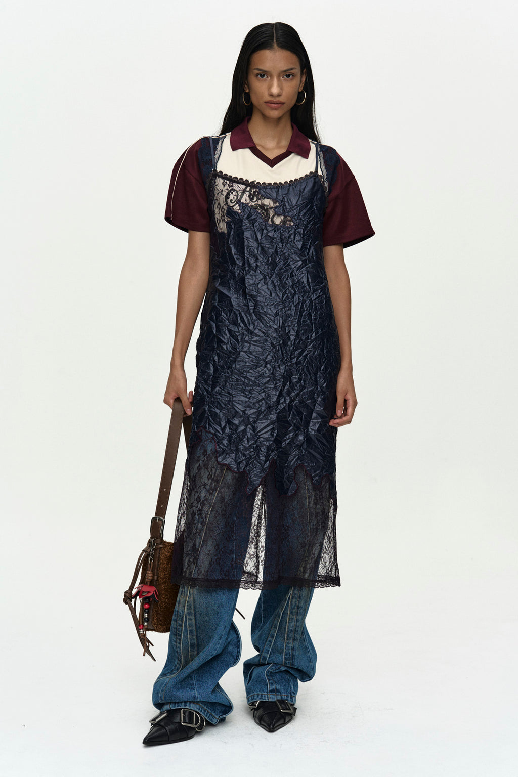 Andersson Bell - Lace Trimmed Polo Jersey Top (Wine/Light Yellow) product image 8 | TRAB K-Fashion Australia