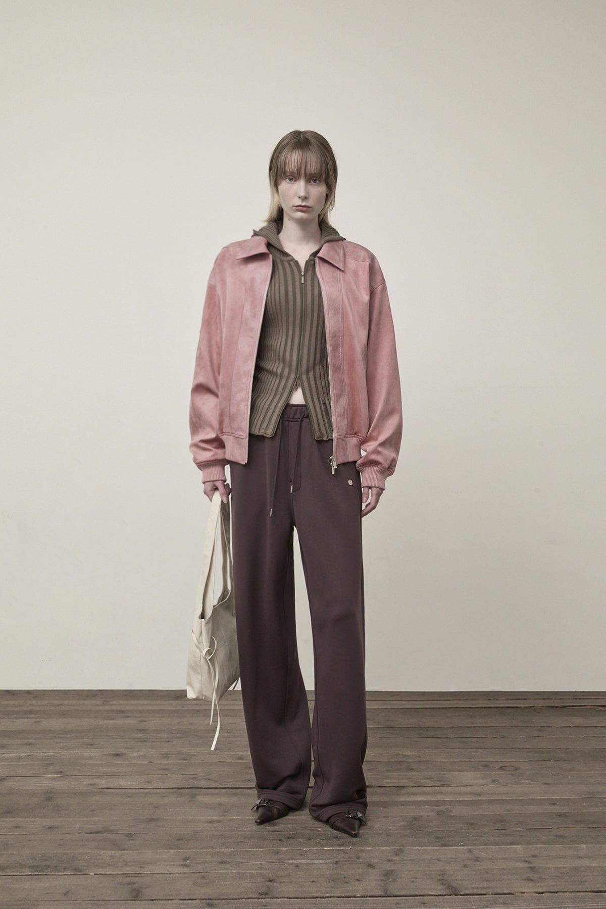 Matin Kim - Suede Mix Leather Zip Up Jumper (Pink) product image 8 | TRAB K-Fashion Australia