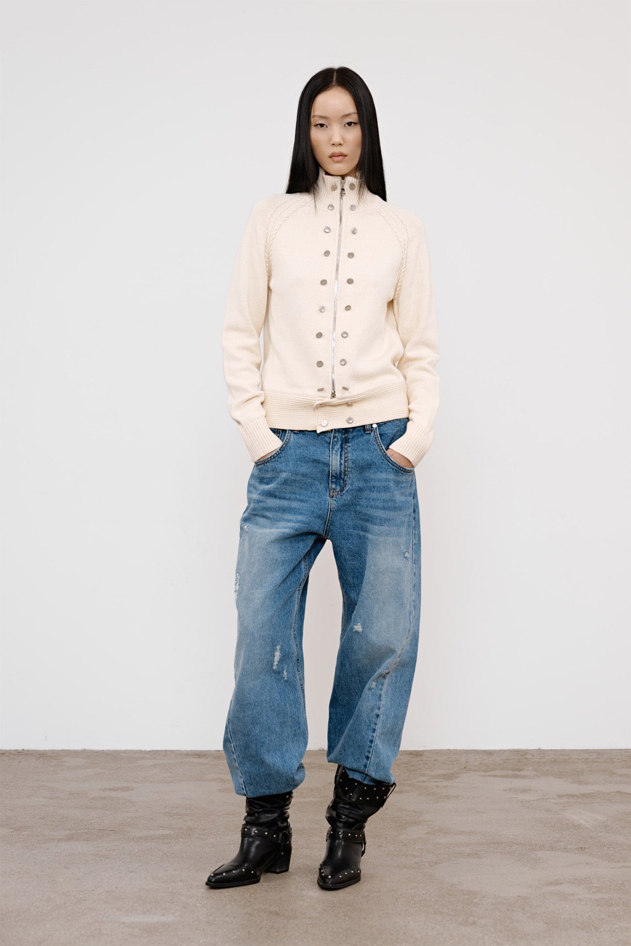 Deinet - High-Neck Stud Knit Outer (Ivory) product image 5 | TRAB K-Fashion Australia