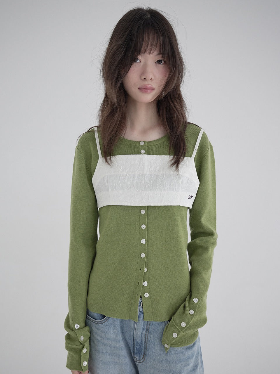 Margarin Fingers - Heart Button Slim Cardigan (Olive) product image 1 | TRAB K-Fashion Australia