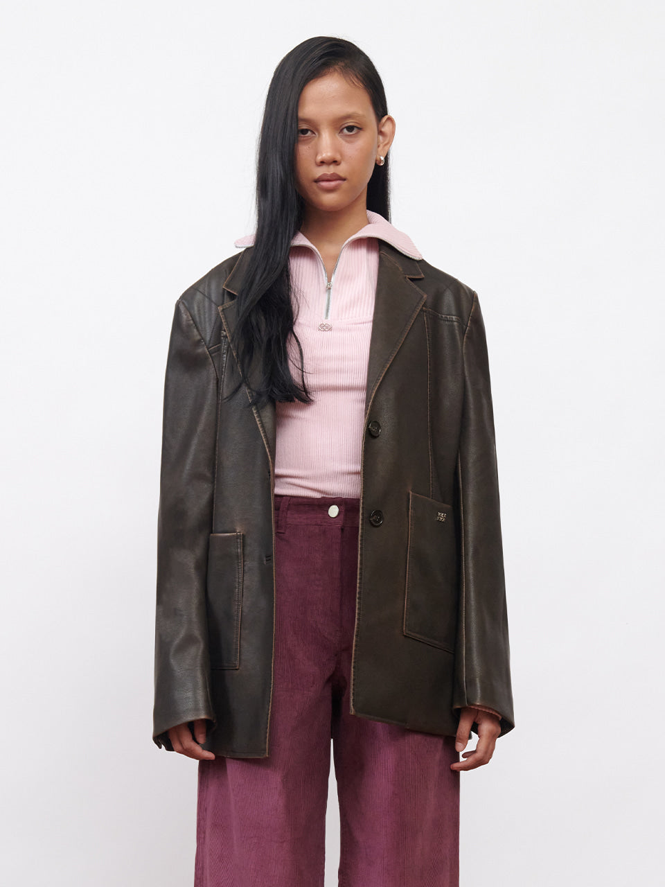 Kijun - Faux-Leather Stitched Blazer (Dark Brown) product image 1 | TRAB K-Fashion Australia