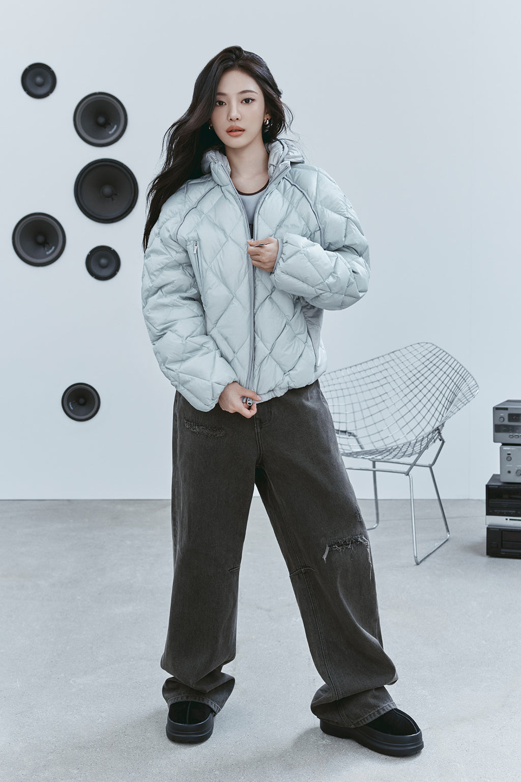 Matin Kim - Back Logo Wide Denim Pants (Charcoal) product image 1 | TRAB K-Fashion Australia