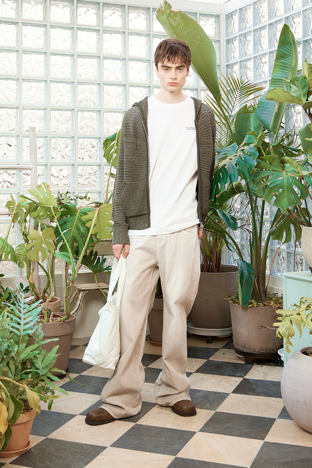 Matin Kim - Two Tone Mesh Knit Hoody Zip Up (Khaki) product image 17 | TRAB K-Fashion Australia