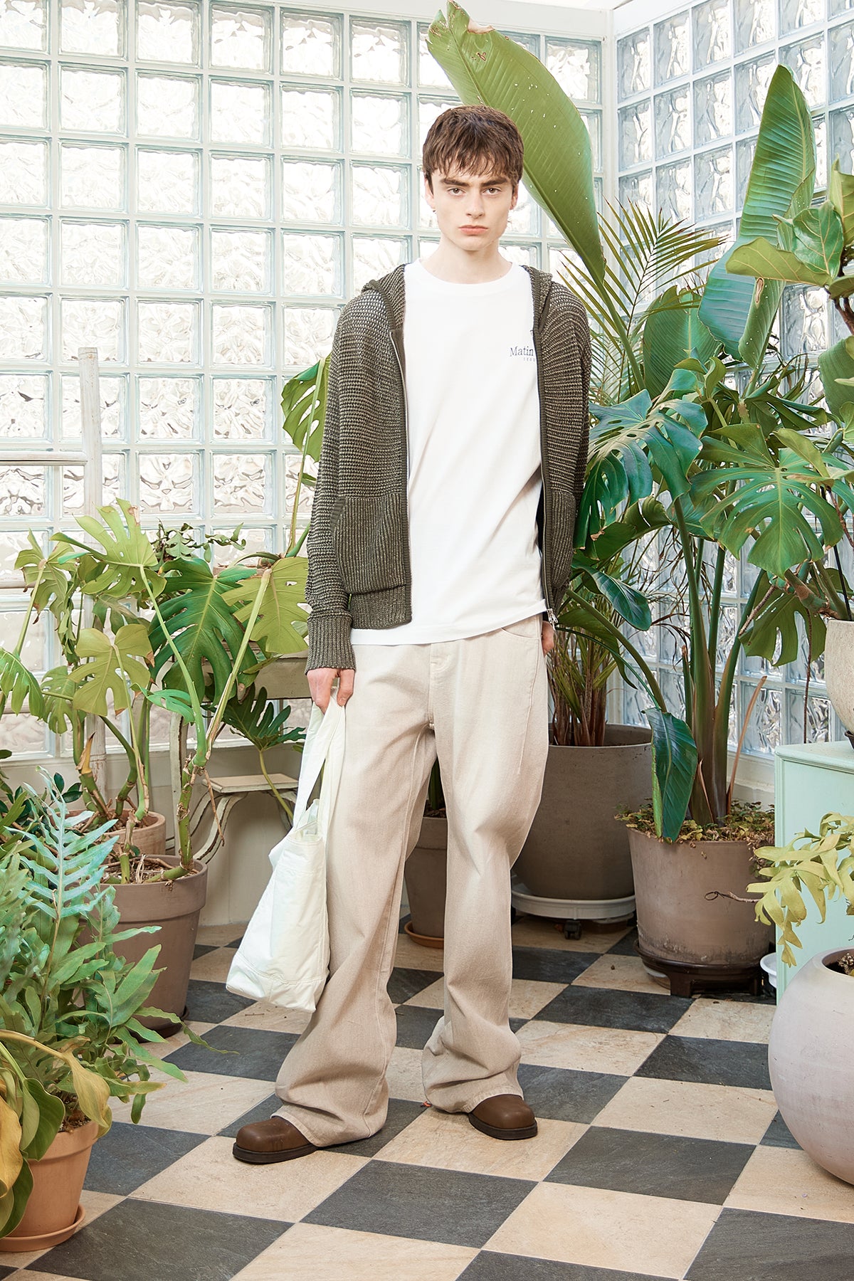 Matin Kim - Two Tone Mesh Knit Hoody Zip Up (Khaki) product image 17 | TRAB K-Fashion Australia