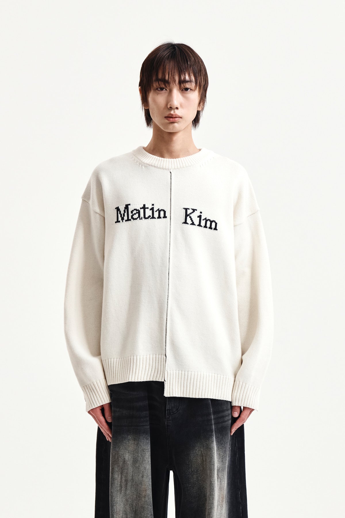 Matin Kim - Asymmetric Logo Knit Pullover (Ivory) product image 10 | TRAB K-Fashion Australia