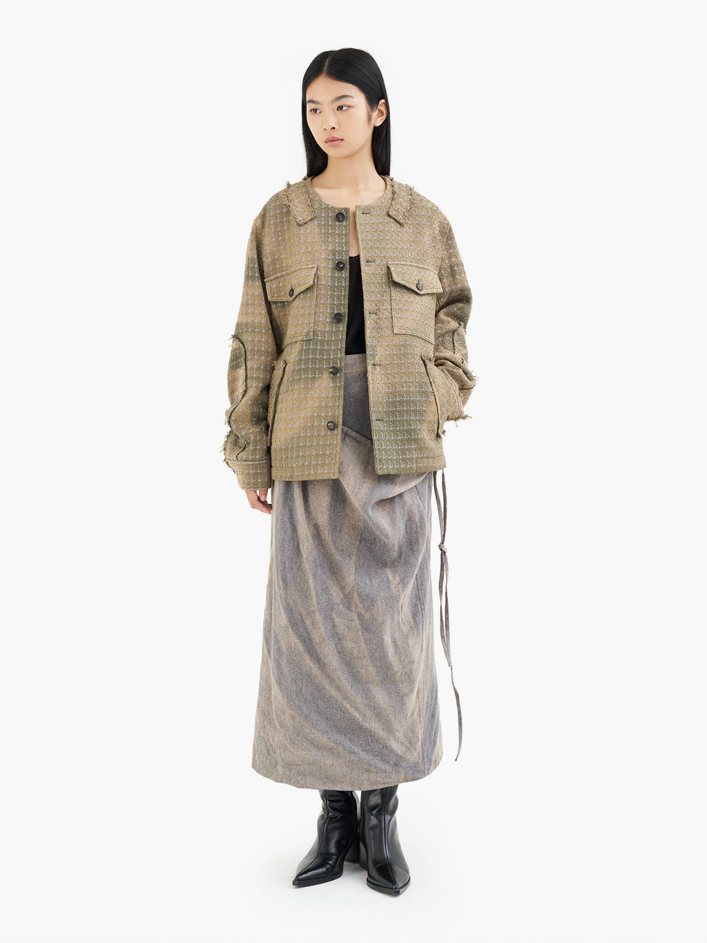 Jiyong Kim - Sun-Bleached Collarless Tweed Jacket (Green) product image 3 | TRAB K-Fashion Australia