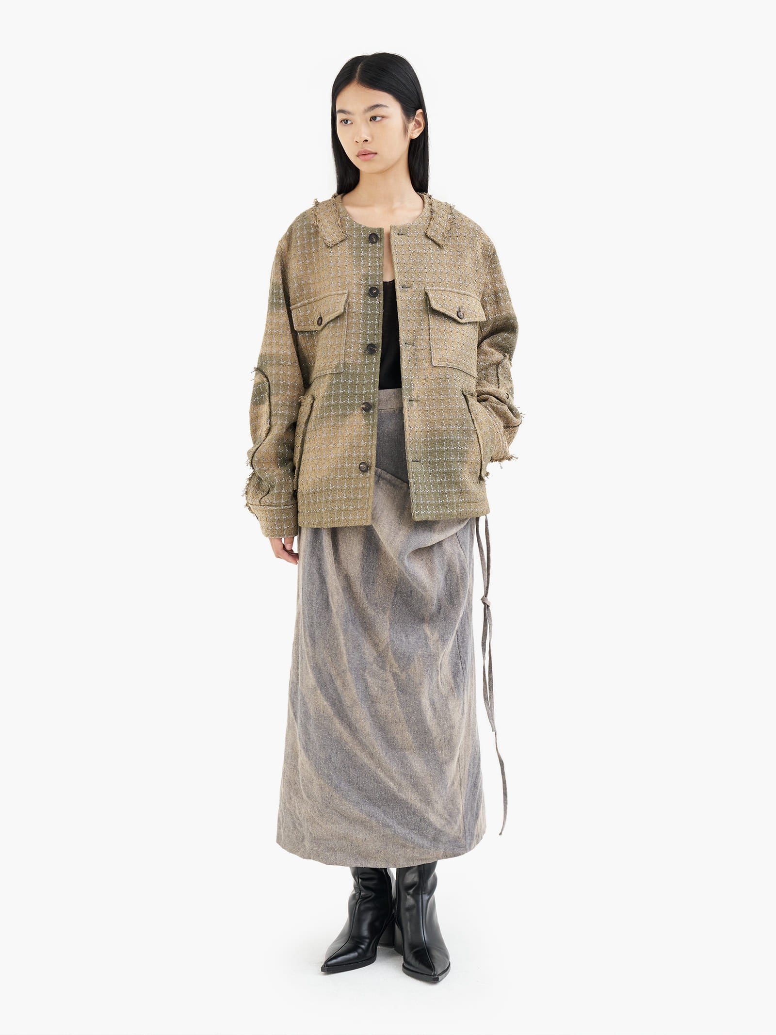 Jiyong Kim - Sun-Bleached Collarless Tweed Jacket (Green) product image 3 | TRAB K-Fashion Australia