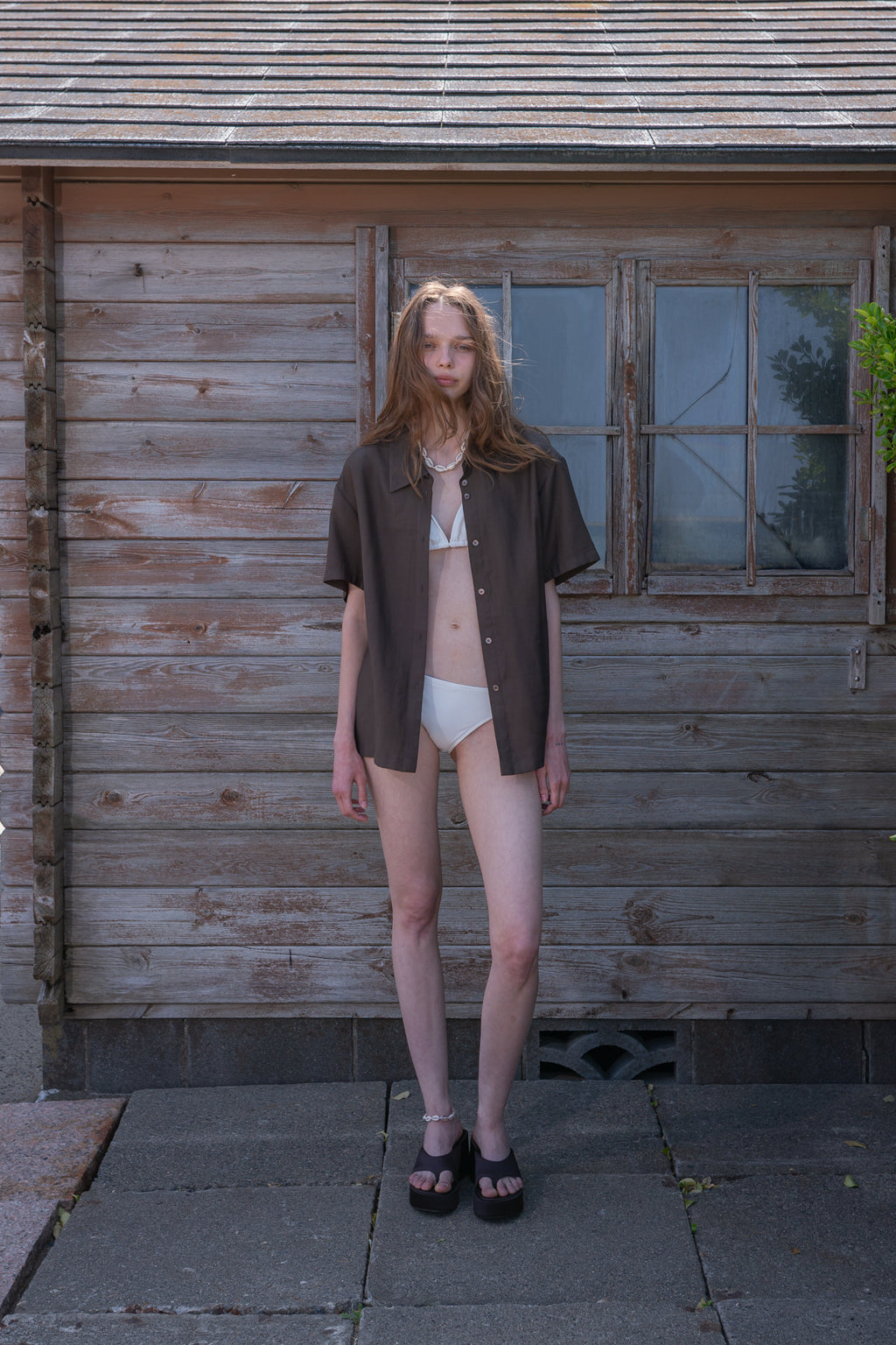 Matin Kim - Unbalance Collar Half Shirt (Khaki Brown) product image 5 | TRAB K-Fashion Australia