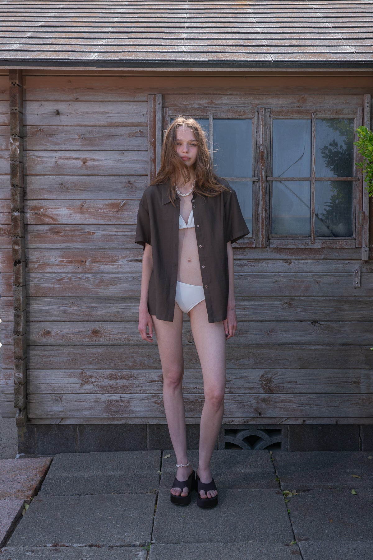 Matin Kim - Unbalance Collar Half Shirt (Khaki Brown) product image 5 | TRAB K-Fashion Australia