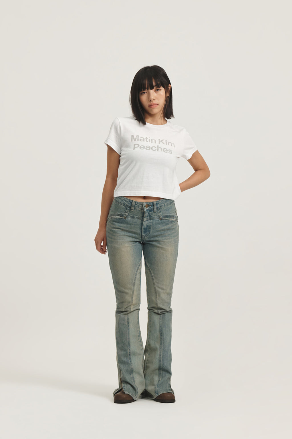 Matin Kim - Peaches Logo Graphic Crop Top (White) product image 12 | TRAB K-Fashion Australia