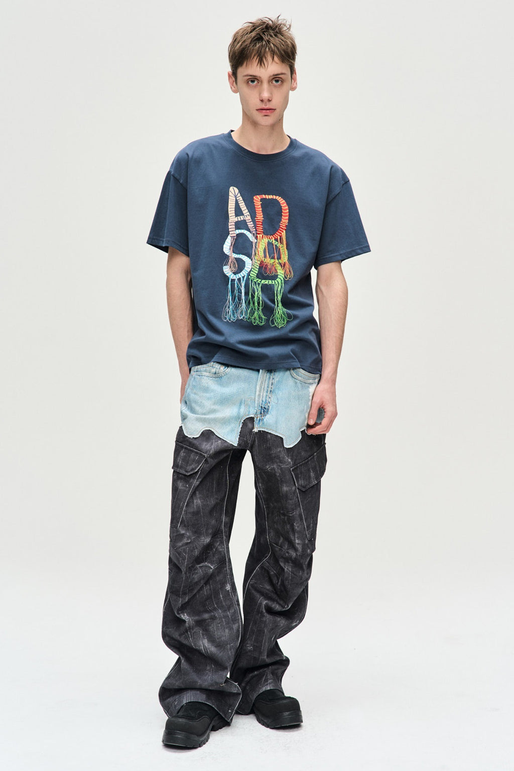 Andersson Bell - Faux-Denim & Scratch Leather Printed Cargo-Pants (Denim/Black) product image 1 | TRAB K-Fashion Australia