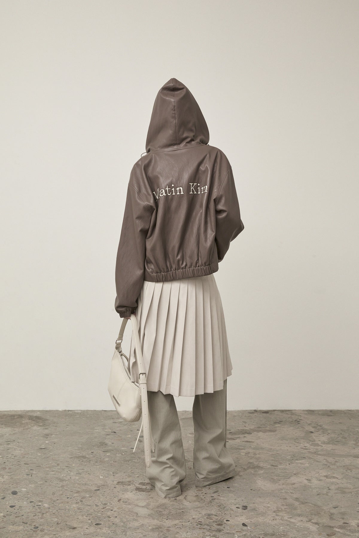 Matin Kim - Faux Leather Hoody Crop Jumper (Brown) product image 10 | TRAB K-Fashion Australia