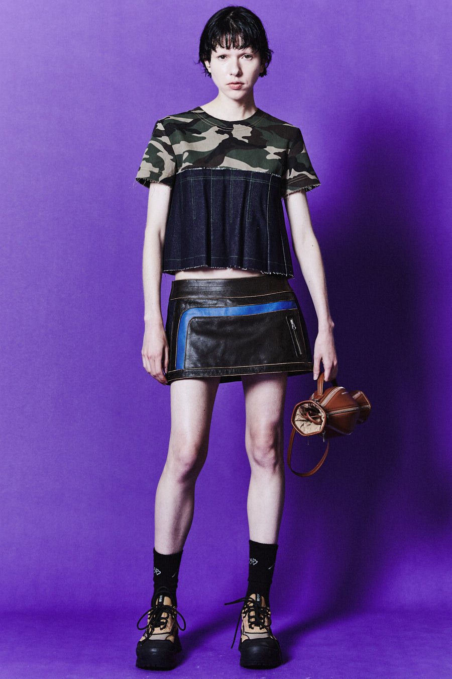 Andersson Bell - Denim Combo Racing Leather Skirts (Brown) product image 6 | TRAB K-Fashion Australia