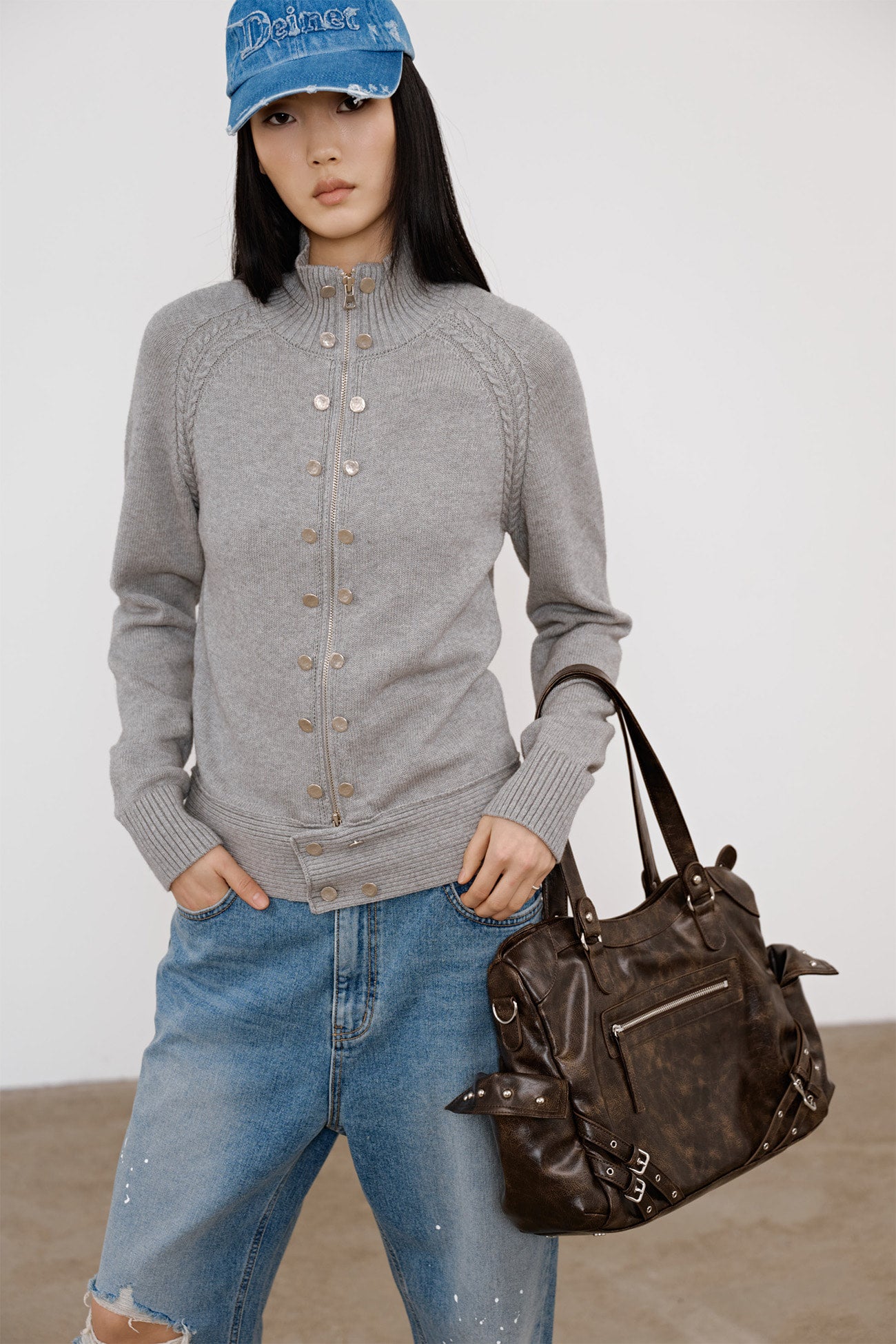 Deinet - High-Neck Stud Knit Outer (Melange Grey) product image 8 | TRAB K-Fashion Australia