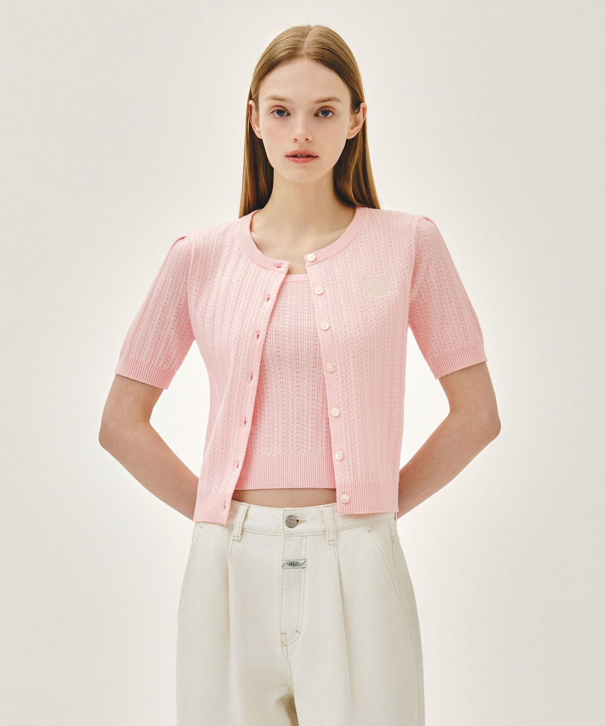 Marithe & Francois Girbaud - Small Classic Logo Half Knit Cardigan Set Up (Light Pink) product image 1 | TRAB K-Fashion Australia